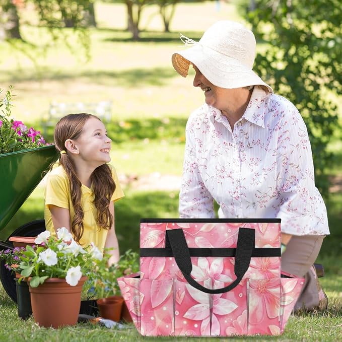 Rose Red flower Gardening Tool Bag,Heavy Duty Garden Tote Bag,Portable Oxford Gardening Storage Basket Organizer Handbag with Pockets Handle,Hand Tools Gifts for Outdoor Garden Lawn