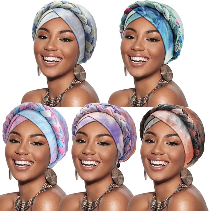 DRESHOW African Women Turban Caps Beanie Twist Headscarf Pre-Tied Twisted Braid Headwraps for Women Chemo Cancer Cap