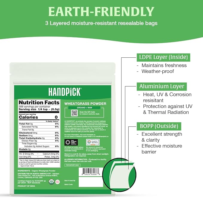 HANDPICK USDA Organic Wheatgrass Powder (10oz) Rich Green Powder - Lab Tested | 100% Whole Leaf | Gluten Free, Non-GMO | No Sugar, No Artificial Ingredients | Resealable Pouch (Packaging may vary)