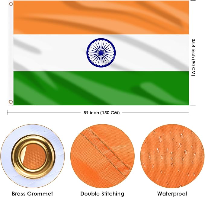 AhfuLife India Flag Indian Flag 3x5 Ft, Large Indian National Flags for Outside - Double Side with Brass Eyelets for Olympic Party Decorations, Bar Garden Street Decoration Indoor Outdoor