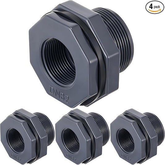 Bulkhead Fitting PVC Water Tank Connector Plumbing Pipe Threaded Bulkhead Fitting NPT for Rain Barrels, Water Tanks, Aquariums, Tubs, Pools (4 Pcs,1-1/4 Inch)