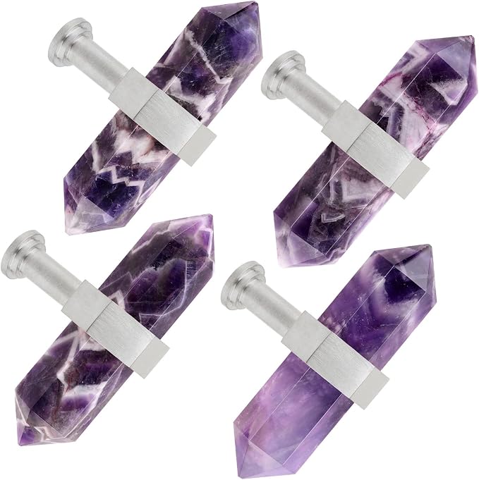 mookaitedecor Set of 2 Amethyst Double Crystal Points Drawer Knobs with Screws, Decorative Stone Cabinet Handle Pulls for Dresser Cupboard Kitchen Decor, Brushed Stainless Steel