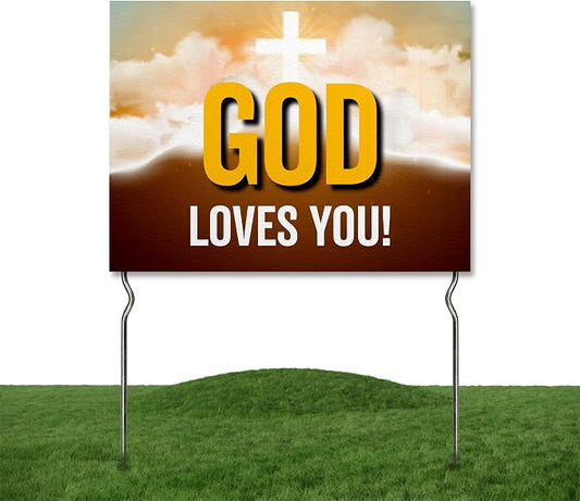 God Loves You! Yard Sign by DC | 24"x18" Double Sided Church Garden Sign with 13” Metal Stakes | Outdoor Signs Waterproof for Lawn, Patio, Sidewalk & House | Set of 2 | Made in USA