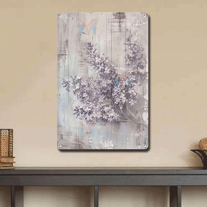 Metal Sign Tin Sign Vintage Wall Art Shabby Chic Lilacs Tin Sign for Rustic Springtime Antique Artistry and Distressed Wood Surfaces Tin Signs for Women for Restaurant 8×12 Inches