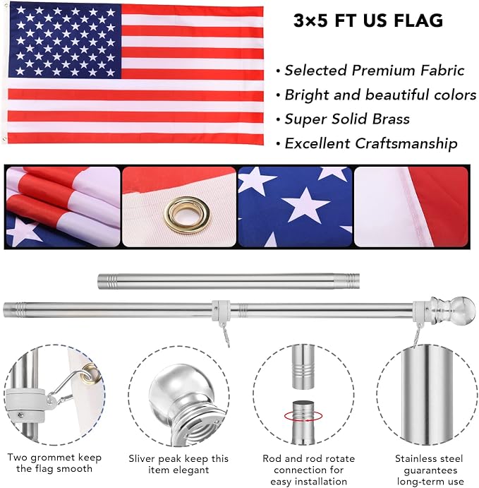 Yeesun Flag Pole for House with 3x5 American Flag, 6 FT Wall Mount Flag pole with Bracket for Home Porch,Outdoor deco.Residential or Commerical Tangle Free Flag Pole Kit (Silver)