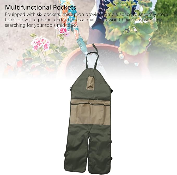 Apron for Long Gardening, Gardening Apron with Adjustable Leg Protector, Six Pockets 600D Oxford Cloth Water Proof for Garden Outdoor Work, Lawn Care, Pruning (Green with Khaki Pockets)