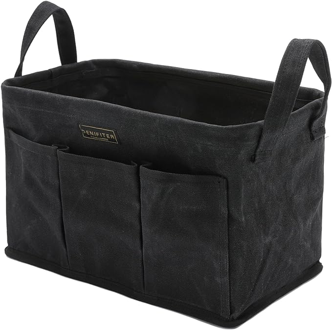 Storage Tool Case, 13.8 x 7.8 x 7.8 Inches, Rectangular Waxed Canvas Fabric Collapsible Tool Bag with Handles for Tools,Wrench Set,Screwdrivers (Black)