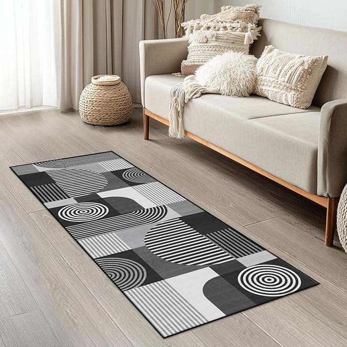 Grey Geometric 2x6 Runner Rug for Hallway Kitchen Bedroom Black White Mid Century Modern Machine Washable Rug Non Slip Low Pile Gray Minimalist Runner Rugs Long Floor Mat Carpet for Laundry