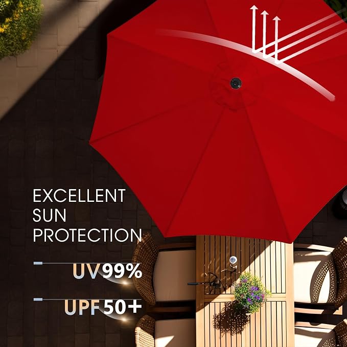 wikiwiki 10FT Patio Umbrella with Base, Outdoor Umbrellas with Base Included, 8 Sturdy Ribs, Waterproof Fade Resistant POLYESTER DTY Canopy for Deck, Lawn, Garden, Backyard & Pool, Red