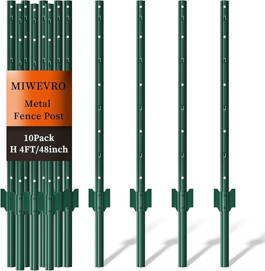 10 Pack Metal Garden Fence Posts 4 FT Green – Heavy Duty U-Post for Wire Fencing, No-Dig Fence Stakes for Temporary Fencing, Corner Anchor Posts, Rustproof Powder-Coated Steel for Farm, Yard & Garden