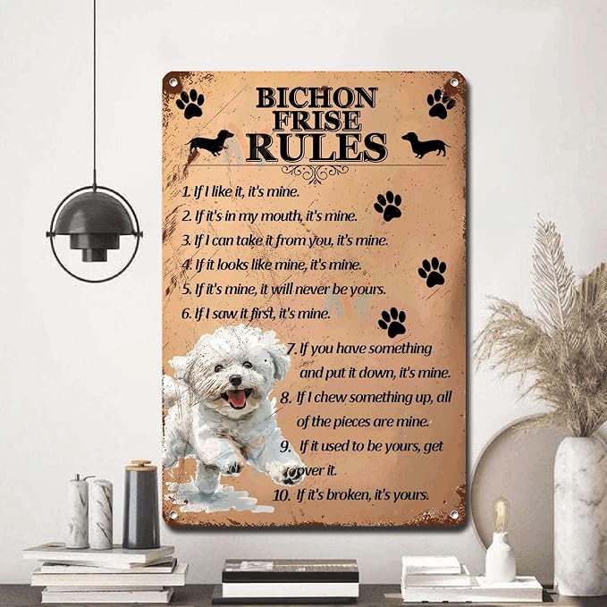 Metal Sign Tin Sign Vintage Wall Art Bichon Frise Rules Bathroom Decor for Restaurant 8×12 Inches