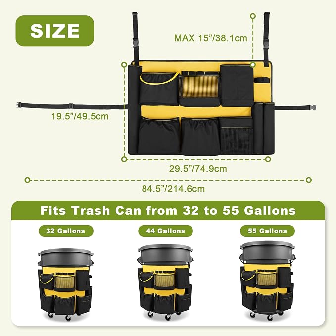 HODRANT 32-55 Gallon Trash Can Caddy Bag with Multi Pockets for Clean Tools | Garbage Bin Apron Caddy, Cleaning Tool Organizer with Adjustable Buckle for Janitorial Trash Can, Black+Yellow