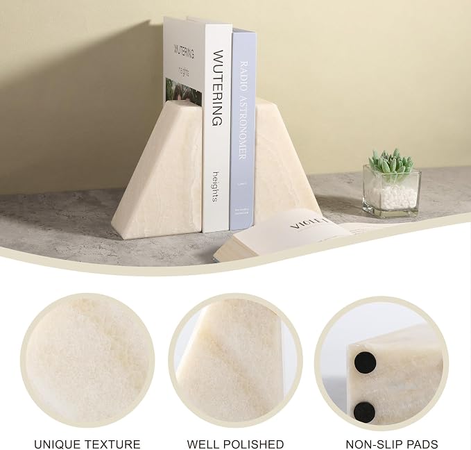 Koville Marble Bookends for Shelves, Large Bookends for Heavy Books, Non-Slip 7Lbs Stone Book Ends for CD/Movies, Modern Decorative Bookends for Shelves Table Home Decor(Navona)