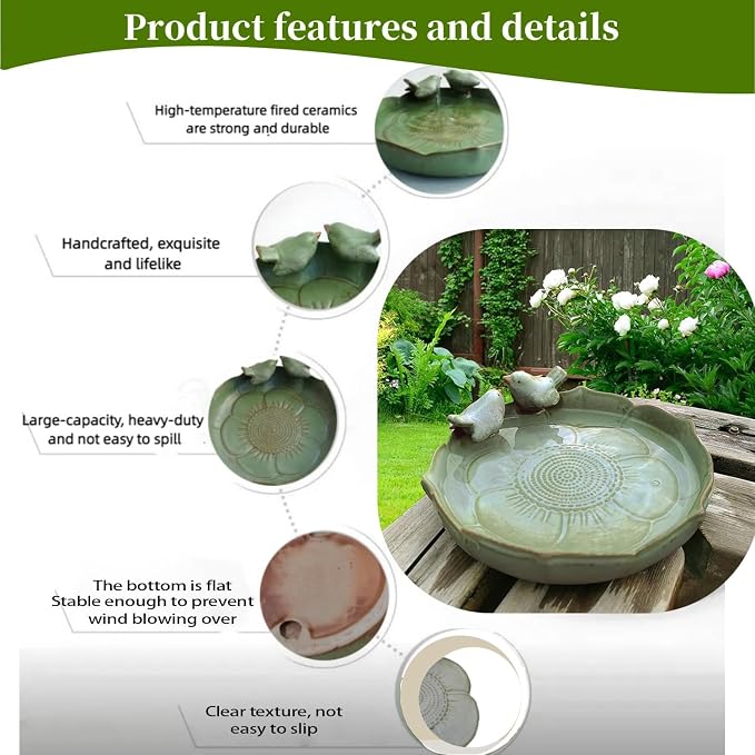 Ceramic Bird Bath for Outside, Resin Birdbath Bowl with Vintage Ornament,Ground Feeders Bird Bath Feeding Bowl for Outdoors, Garden Deck, Balcony,Yard, Lawn.