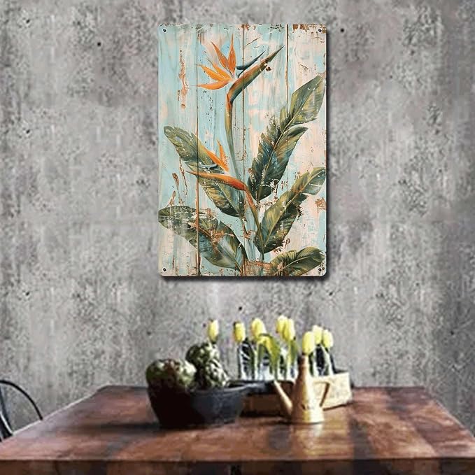 Metal Sign Tin Sign Vintage Wall Art Exotic Bird of Paradise Tin Sign for Rustic Paintings Vintage Charm and Vibrant Leaf Displays Tin Sign Paper for Pub 8×12 Inches