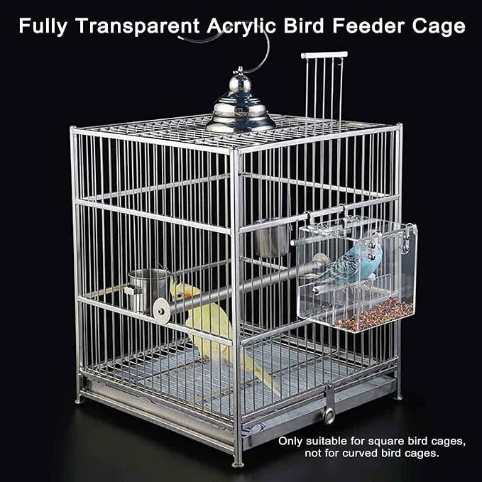 Automatic Bird Feeder for Cage, Automatic Acrylic Bird Feeder No Mess Bird Cage for Small Bird Parrots Canary Parakeet Budgerigar Crested Myna Cockatiel (L: 6.2" x 6.3" x 6.3")