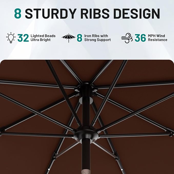 AreShark 9FT Patio Umbrella with Solar Lights, 32 Lighted Pool Umbrella w/Tilt and Crank, Outdoor Market Solar Umbrellas for Garden, Deck, Backyard, Pool and Beach, Brown
