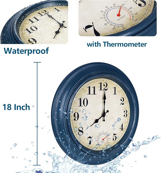 Outdoor Clock Waterproof with Thermometer Wall Clock for Patio Pool Bathroom Kitchen 18 Inch Blue
