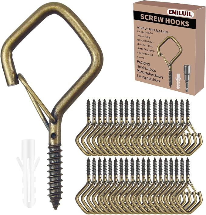 82 PCS Metal Bronze Eye Screw Hooks for Hanging Heavy Duty.Windproof Ceiling Hooks for Hanging Plants,Cup,Wind Chime,Bird Feeders,Christmas String Lights at Indoor&Outdoor 2.2 Inch