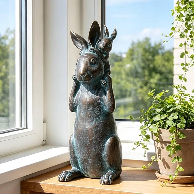 Rabbit Garden Statues Bunny Decorations - Easter Bunny Father with Baby Figurine Easter Gift Dark Gray Garden Spring Bunny Sulpture for Yard Framhouse Outdoor Décor 7*5.25*15.25 in Newman House Studio