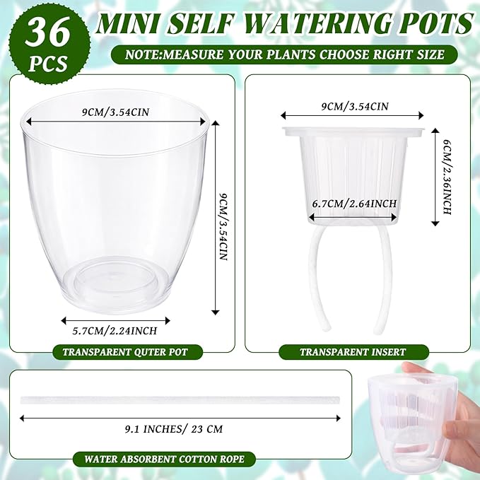 36 Pcs Self Watering Pots, 3.5 Inch Plastic Plant Pot with Inner Pot Self Watering Wick Planter Pots for Indoor House Plants, Flowers, Succulents(Transparent)