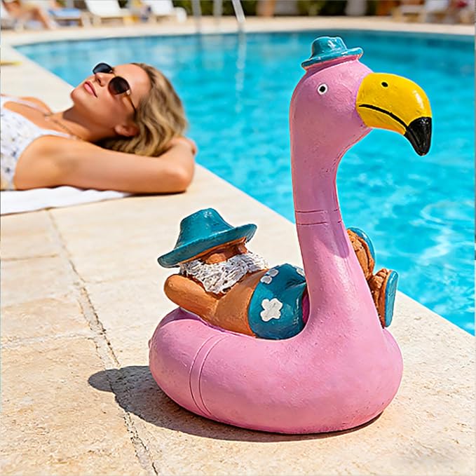 Teaeeno Garden Gnome on Flamingo - Funny Gnome Figurine - Cute Gnome Lawn Statue - for Outdoor or House Decor