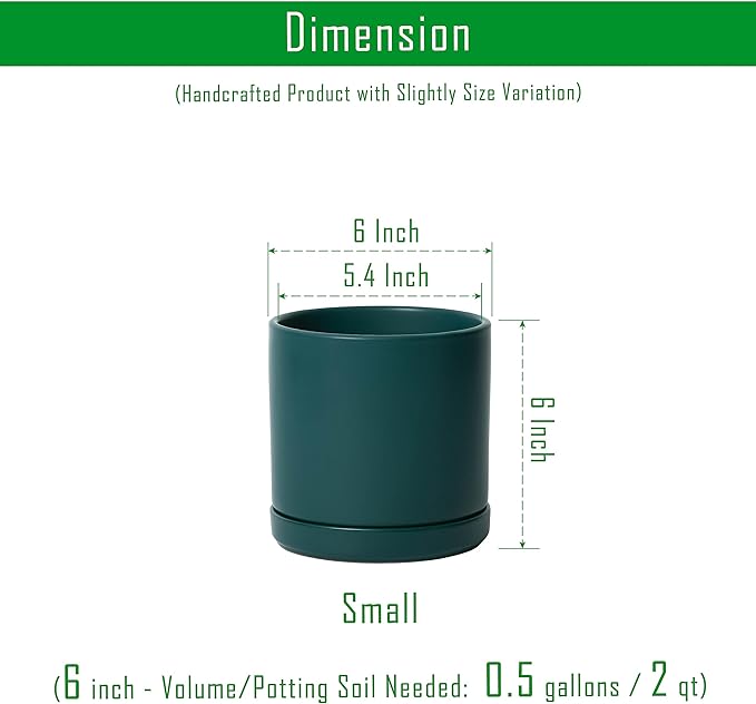 D'vine Dev 6 Inch Ceramic Planter Pot with Drainage Hole and Saucer, Indoor Cylinder Round Planter Pot, Teal, 94-O-C-9