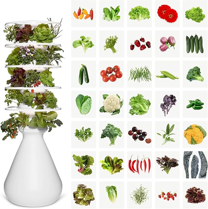 Lettuce Grow Farmstand Starter Kit with Glow Rings + 30 Seedling Credits | 5 ft Vertical Hydroponic Garden Tower | Self-Watering Family Growing System for Vegetables, Herbs & Greens