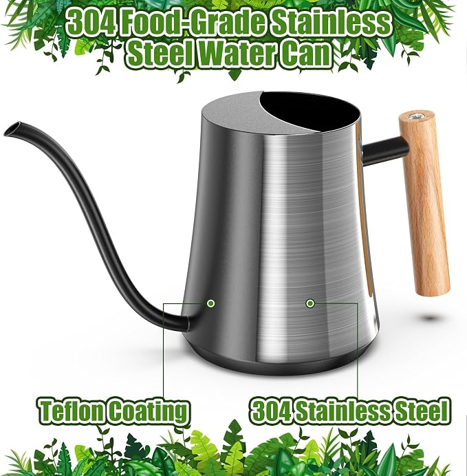 Green Moon 1L/35oz Metal Watering Can Indoor with Long Spout, Black | Metal Stainless Steel Watering Can with Wood Handle for Indoor Plants, House Bonsai, Succulents, and Outdoor Garden Flowers