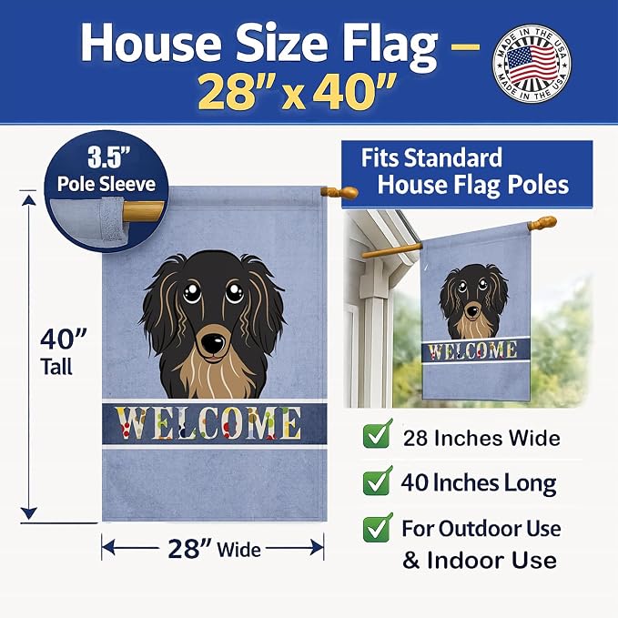 Caroline's Treasures BB1399CHF Longhair Black and Tan Dachshund Welcome House Flag, Blue Large Porch Sleeve Pole Decorative Outside Yard Banner Artwork Wall Hanging, Polyester, House Size, Multicolor
