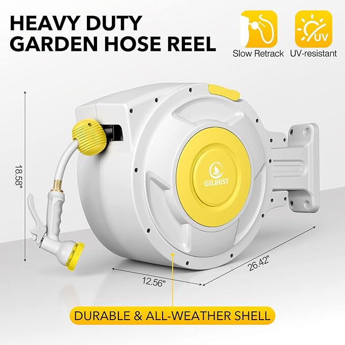 5/8" x 100 ft Retractable Garden Hose Reel, Heavy Duty Water Hose Reel Wall Mounted, Any Length Lock, 180°Swivel, Water Hose with 8-Function Nozzle for Cleaning, Watering(Yellow)