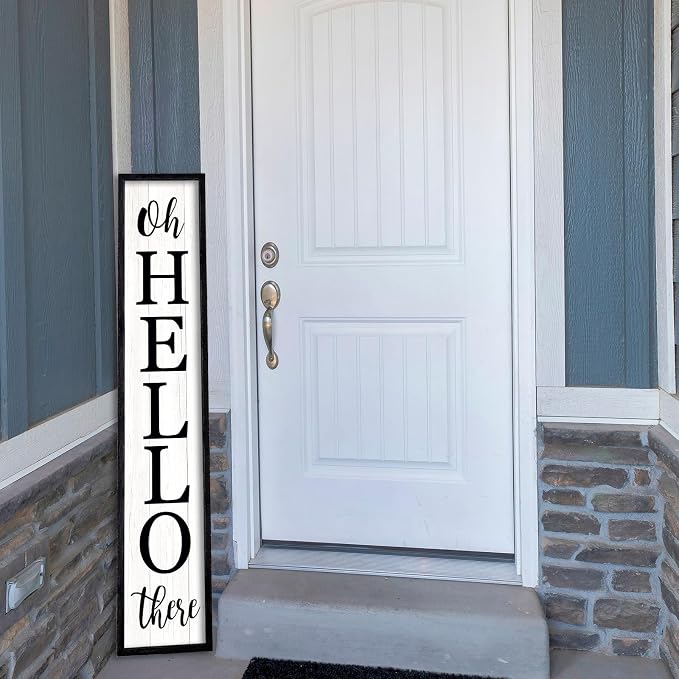 Oh Hello There Outdoor Welcome Sign For Front Porch Standing 45"X9" Large Rustic Farmhouse Vertical Tall Long Wooden Framed Outside Front Door Home Wall Decoration (Black)