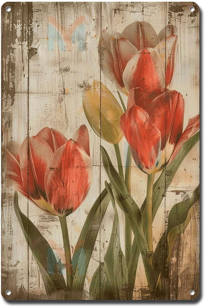 Metal Sign Tin Sign Vintage Wall Art Shabby Chic Tulips Tin Sign for Rustic Elegance Vintage Style and Distressed Wood Panels Garden Tin Signs for Club 8×12 Inches