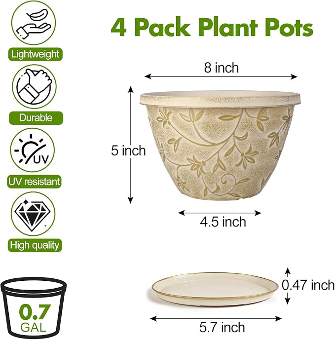 Nooulap 8 Inch Plant Pot with Drainage Hole, 4 Pack Plastic Flower Pot for Indoor Outdoor Plants, Decorative Small Planter for Desk, Balcony & Garden (Beige)