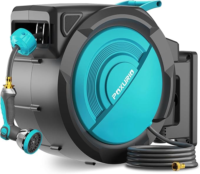 1/2" 110FT Retractable Garden Hose Reel, Wall Mounted Automatic Hose Reel with Upgraded 10 Pattern Nozzle/Any Length Lock/Slow Return System/180°Swivel Bracket, AquaBlue