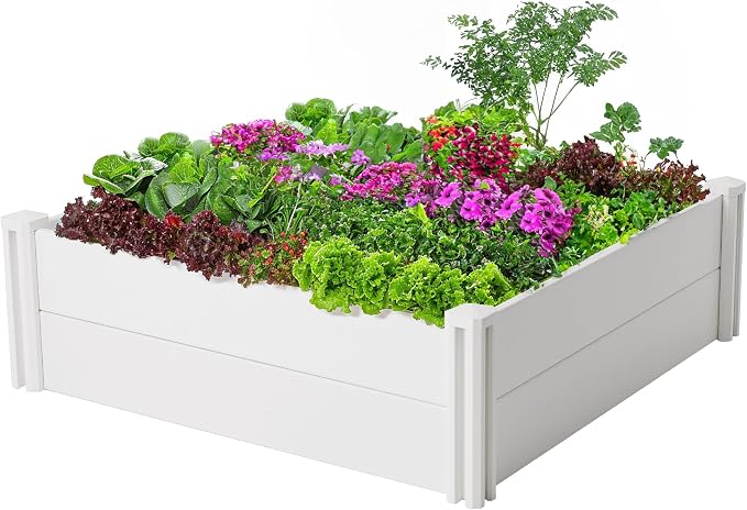 PASAMIC 4x4x1ft Vinyl Raised Garden Bed, Rust-Proof Raised Plant Box for Gardening, Durable Outdoor Planter Box with Open Bottom, DIY Above Ground Vinyl Garden Beds for Fruit, Vegetables, Herbs