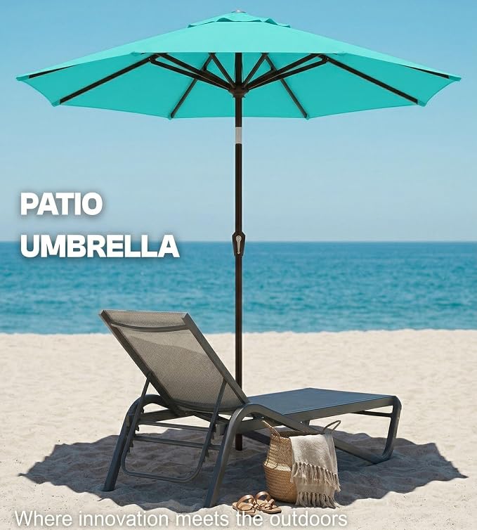 PatioKingdom Auto-Tilt 9FT Patio Umbrella Outdoor with 8 Sturdy Fiberglass Ribs,Market Table Umbrella for Pool,Backyard,Deck and Garden