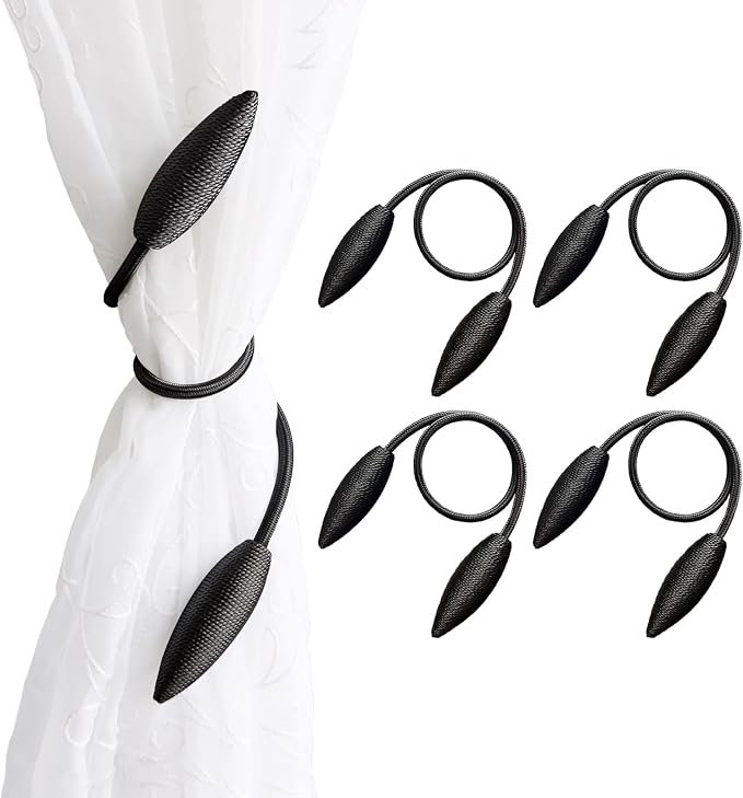 Valea Home 4 Pieces Curtain Tiebacks Clips Creative Window Drape Twist Tie Backs European Style Custom Made Curtain Holders Decorative Draperies Holdbacks, Black