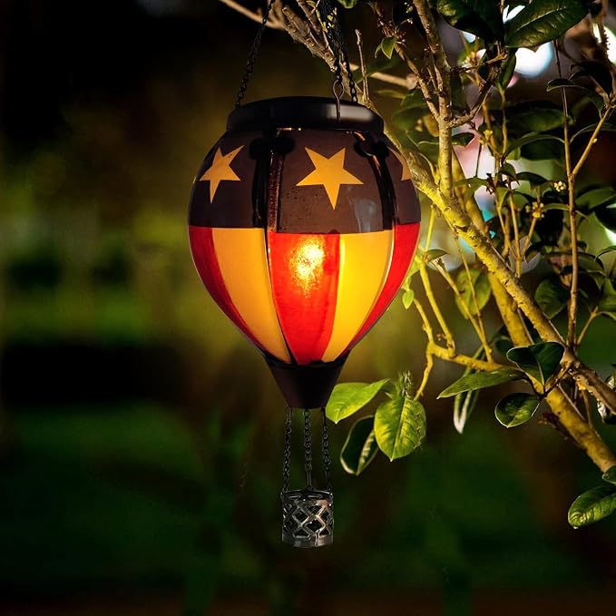 Glass Solar Hot Air Balloon Lantern with Flame Hanging Garden Flickering Light Outdoor Waterproof for Yard Patio Tree 4th of July Decorations, Flag-C