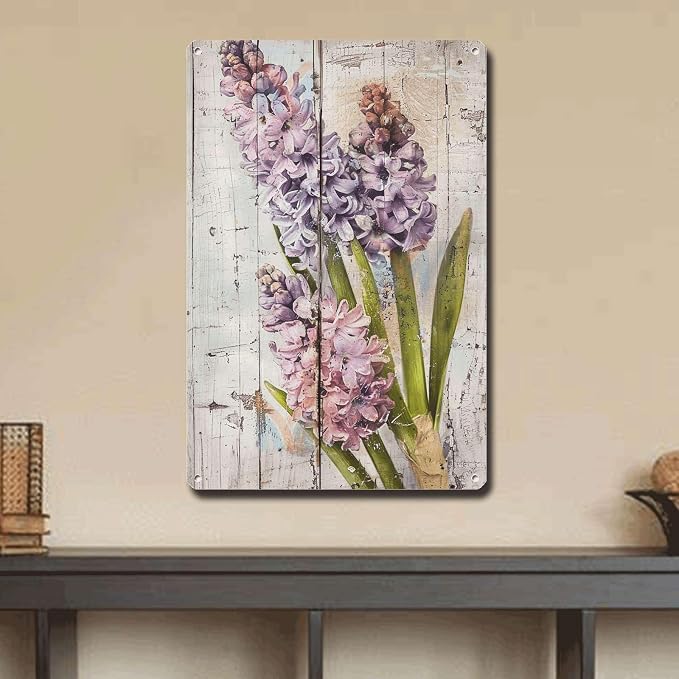 Metal Sign Tin Sign Vintage Wall Art Shabby Chic Hyacinths Tin Sign for Spring Celebrations Rustic Bloom Displays and Distressed Wood Gardening Poster for Pub 8×12 Inches