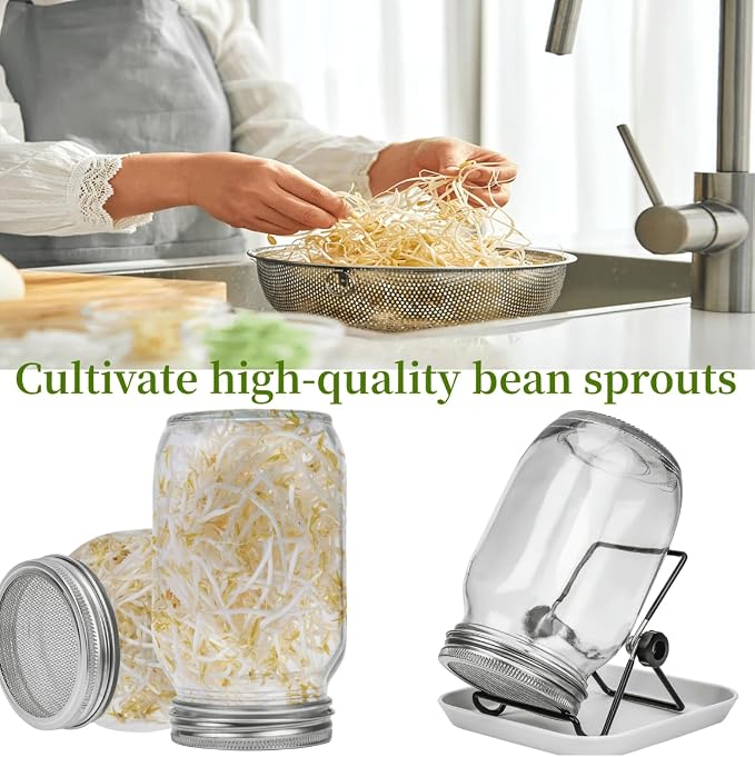 Lulonpon 2pcs Sprouts Growing Jar Kit, Wide Mouth Quart Mason Jars with Stainless Steel Screen Sprout Lids, 86mm,1000ml,Stand,Tray and Canning Brush,Seed Sprouter Set for Broccoli, Alfalfa, Mung Bean