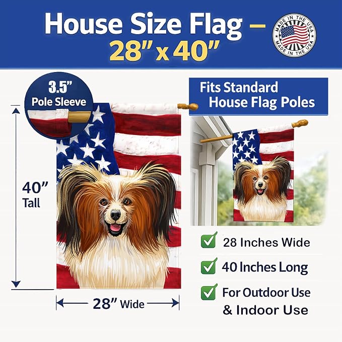 Caroline's Treasures CK6642CHF Phalene Dog American Flag House Flag Large Porch Sleeve Pole Decorative Outside Yard Banner Artwork Wall Hanging, Polyester, House Size, Multicolor