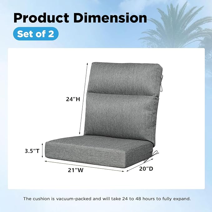 Outdoor Patio Chair Cushions 44x21x3.5 inch, Set of 2 Thicken Comfy Cushions for Rocker Non Slip Fade Shield Water Repellent High Back with Ties, Linenweave Gray