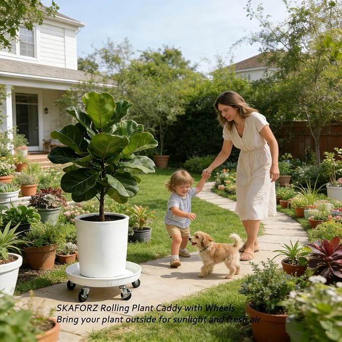 Rolling Planter Caddy(430lbs Capacity), Heavy Duty Metal Plant Stand with Brake Wheels Plant Dolly Mover Plant Pot Tray Saucer for Indoor Outdoor 16 Inches White 2Pack