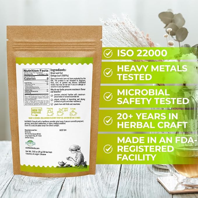 50 Bags Ginkgo Leaf Herbal Tea (Ginkgo Biloba) - 50 Count 1.5g Bags Dried Ginkgo Leaf Té De Ginkgo