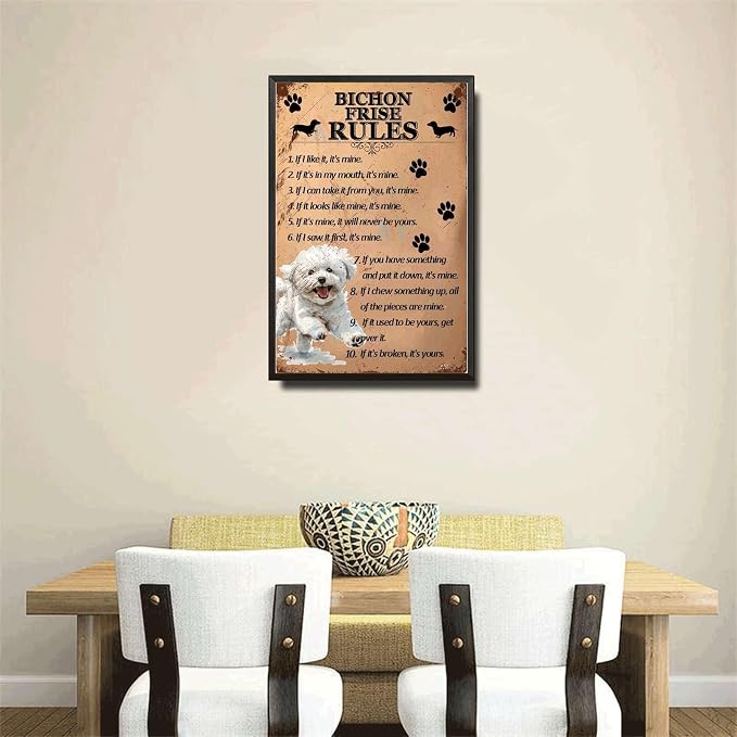 Metal Sign Tin Sign Vintage Wall Art Bichon Frise Rules Funny Outdoor Decor for Room 6×8 Inches with Metal Frame