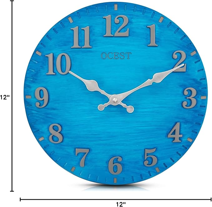 OCEST 12 Inch Indoor Outdoor Clock, Waterproof Resin Outdoor Wall Clock, Silent Non-Ticking Battery Operated Decor for Garden Pool Patio (Blue)