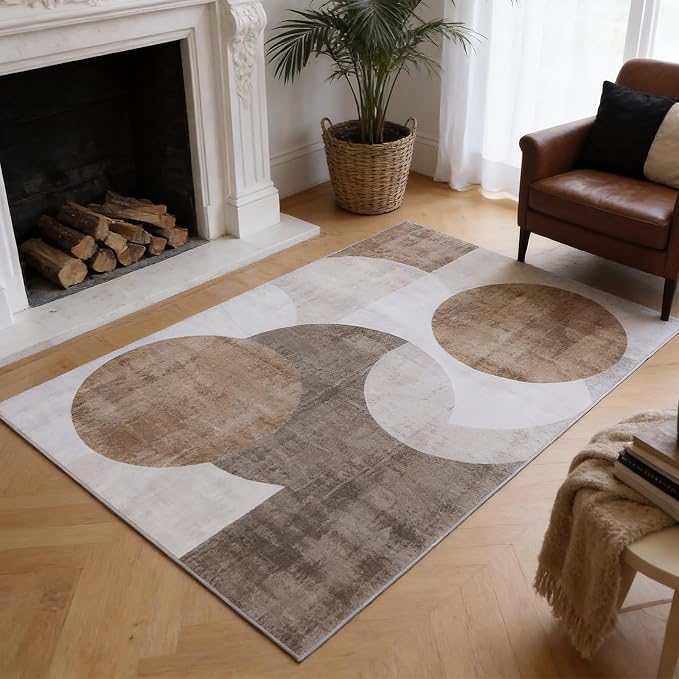 Washable Area Rugs 5'x7' Non-Slip Modern Abstract Soft for Living Room Entryway Bedroom Nursery, Print Pattern, Brown