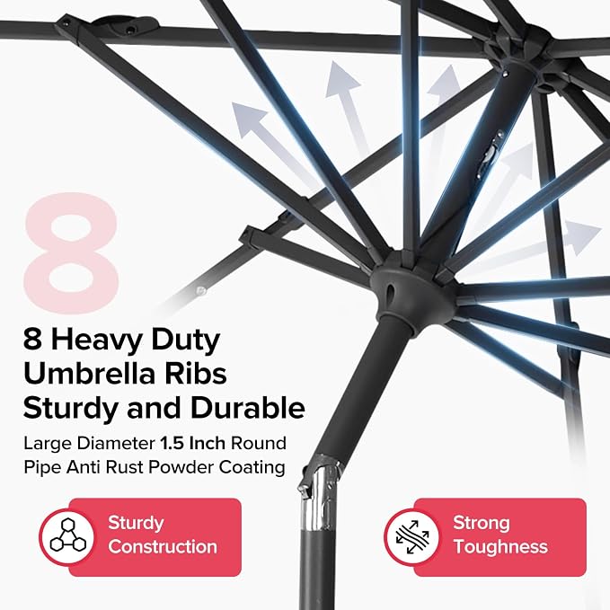 NEWBULIG 10ft Solar Patio Umbrella with 32 LED Lights, Table Market Umbrella with Tilt Adjustment & Crank Lift, Outdoor Sun Umbrella for Garden, Deck, Backyard, Pool and Beach