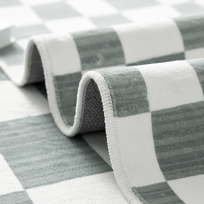 jinchan 3x5 Area Rug Washable Modern Checkered Rug for Kids Room, Grey | Geometric Lattice, Soft, Non-Slip, Floor Carpet, Kitchen, Nursery, Bedroom, Living Room, Entryway, Bathroom, Nursery Playroom